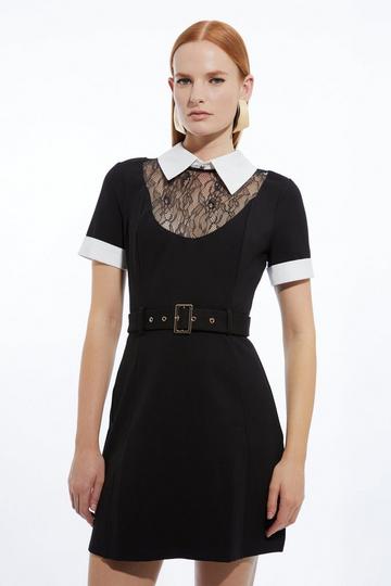 Black Petite Lace Ponte Cotton Mix Jersey Mini Dress