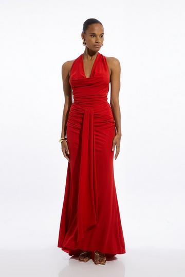 Red Petite Premium Viscose Jersey Crepe Cowl Neck Maxi Dress