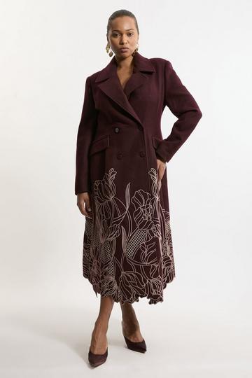 Lydia Millen Plus Size Wool Blend Floral Cutwork Flared Skirt Midaxi Coat merlot