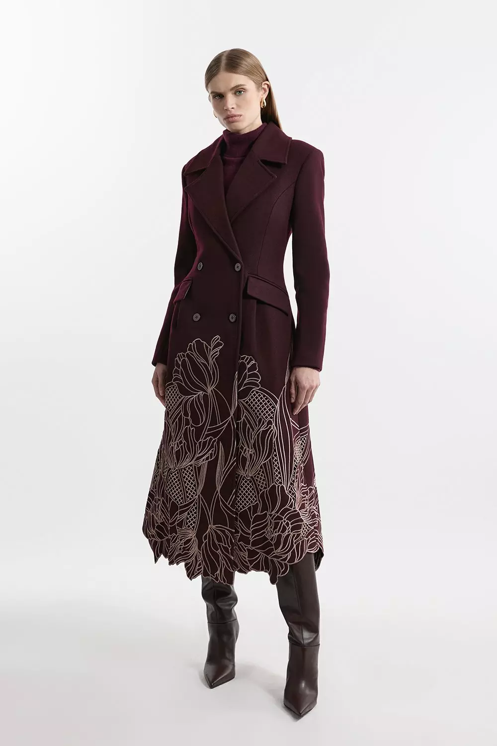 Lydia Millen Wool Blend Floral Cutwork Flared Skirt Midaxi Coat Karen Millen