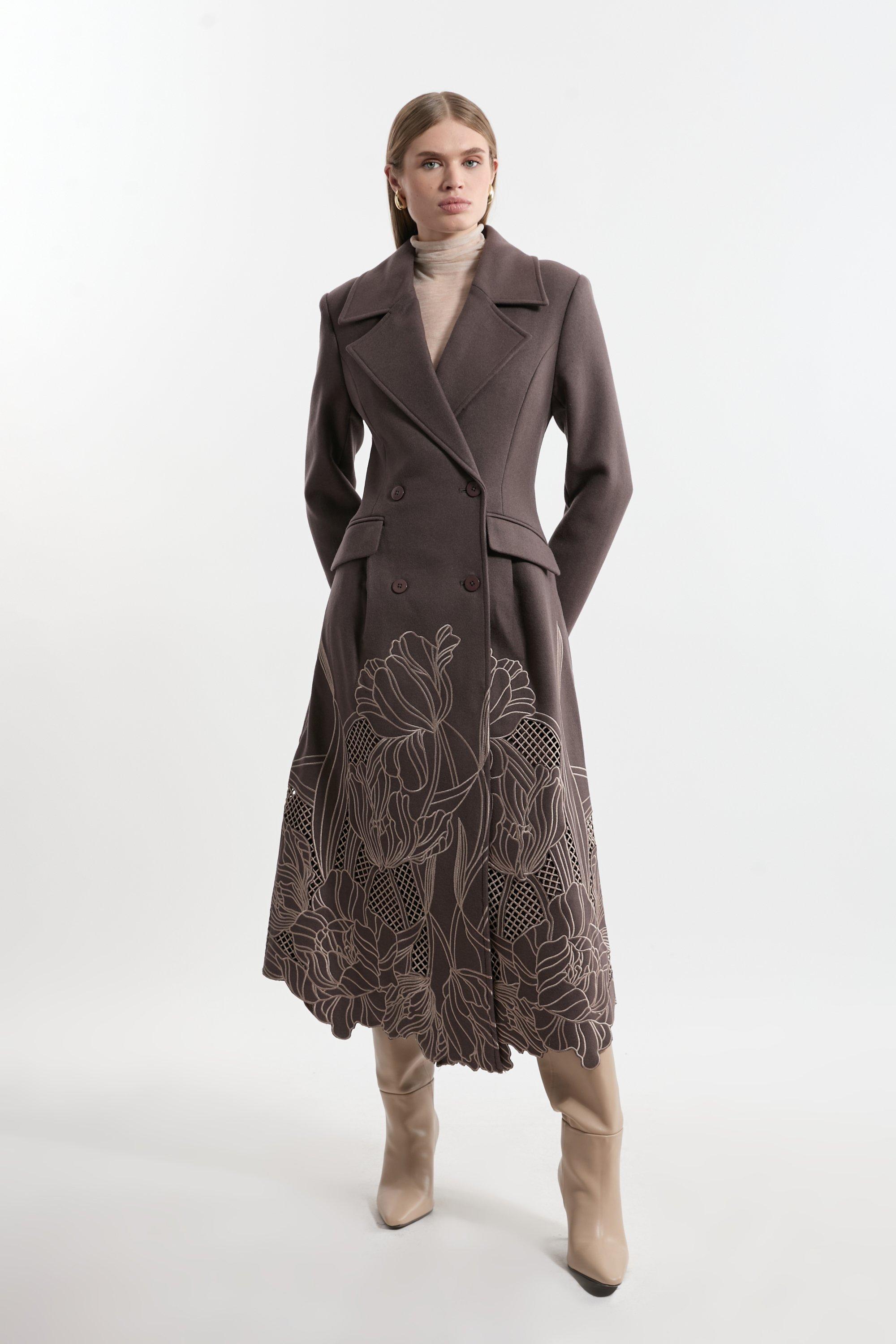 Taupe Lydia Millen Wool Blend Floral Cutwork Flared Skirt Midaxi Coat