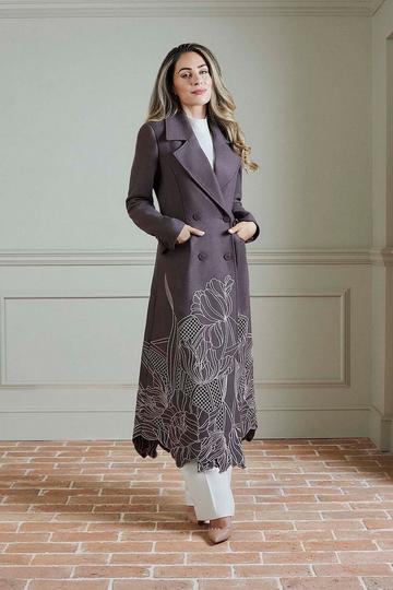 Lydia Millen Wool Blend Floral Cutwork Flared Skirt Midaxi Coat taupe