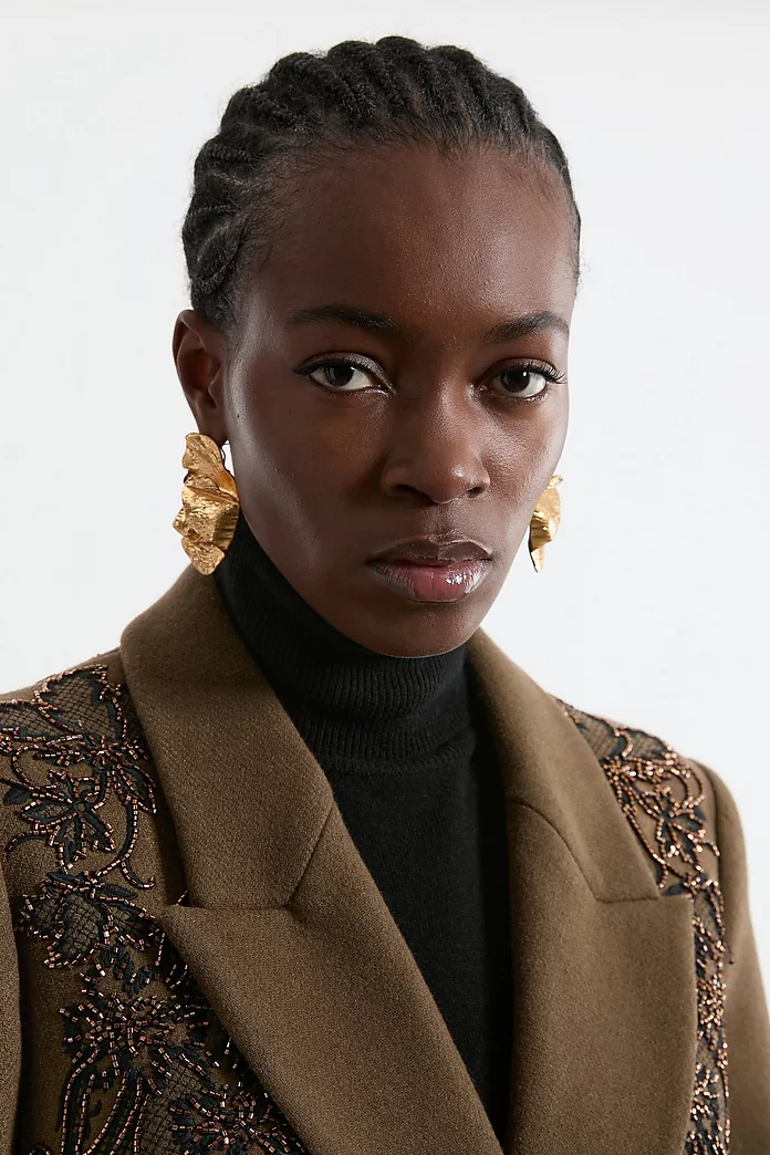 Wool Blend Embroidered Embellished Placed Floral Double Wool Blend Embroidered Embellished Placed Floral Double