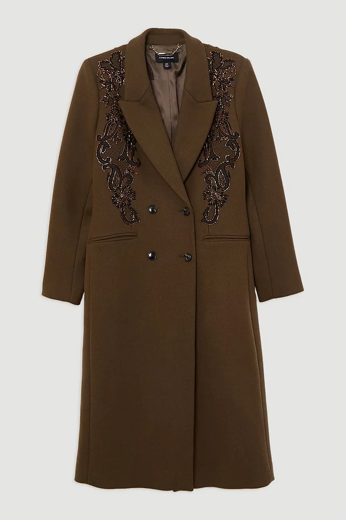 Wool Blend Embroidered Embellished Placed Floral Double Wool Blend Embroidered Embellished Placed Floral Double