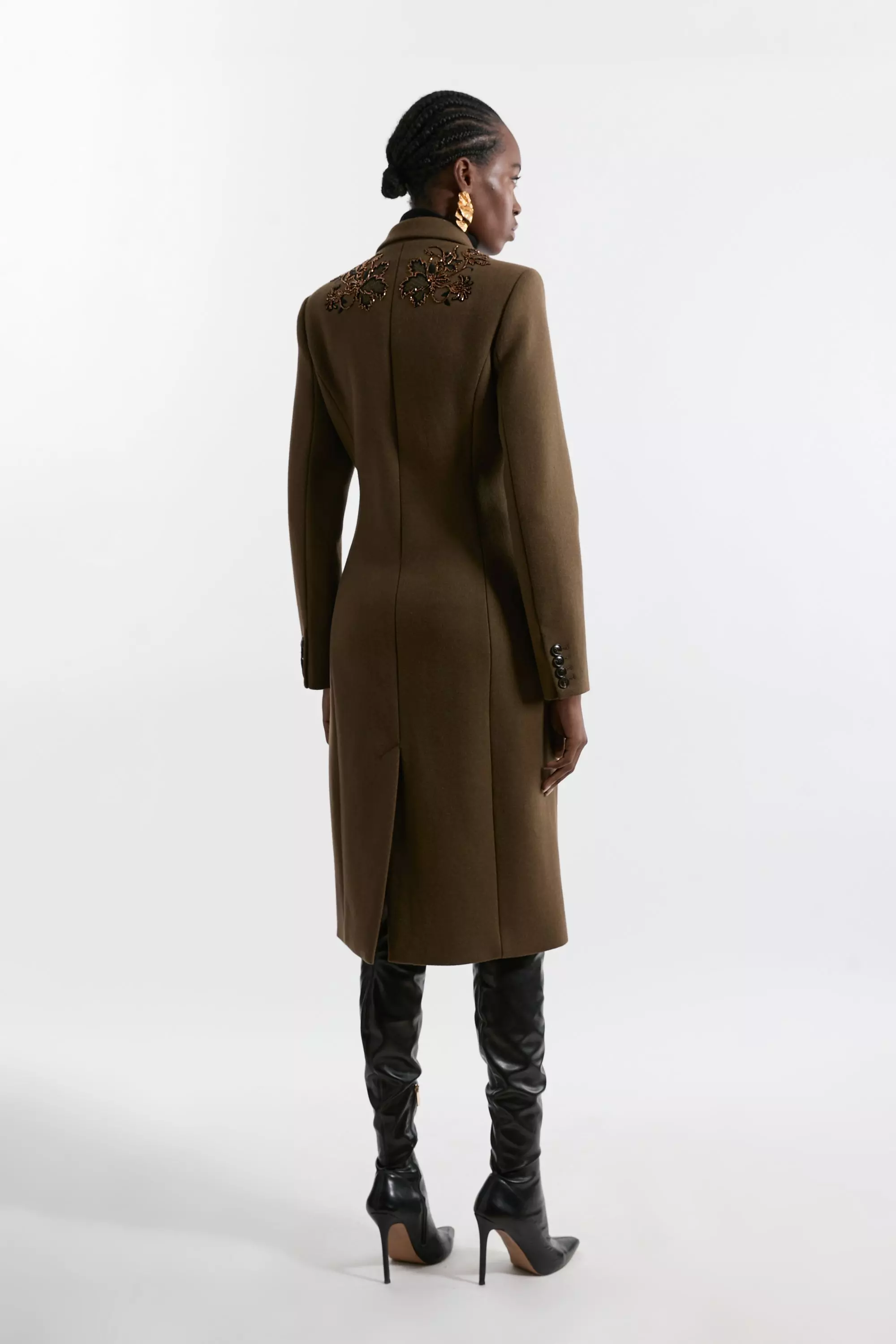 Wool Blend Embroidered Embellished Placed Floral Double Breasted Tailored Midi Coat Karen Millen