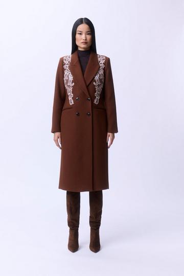 Wool Blend Embroidered Embellished Placed Floral Double Breasted Tailored Midi Coat toffee