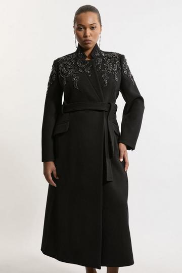 Plus Size Wool Blend Crystal Embellished Notch Neck Belted Midi Coat black