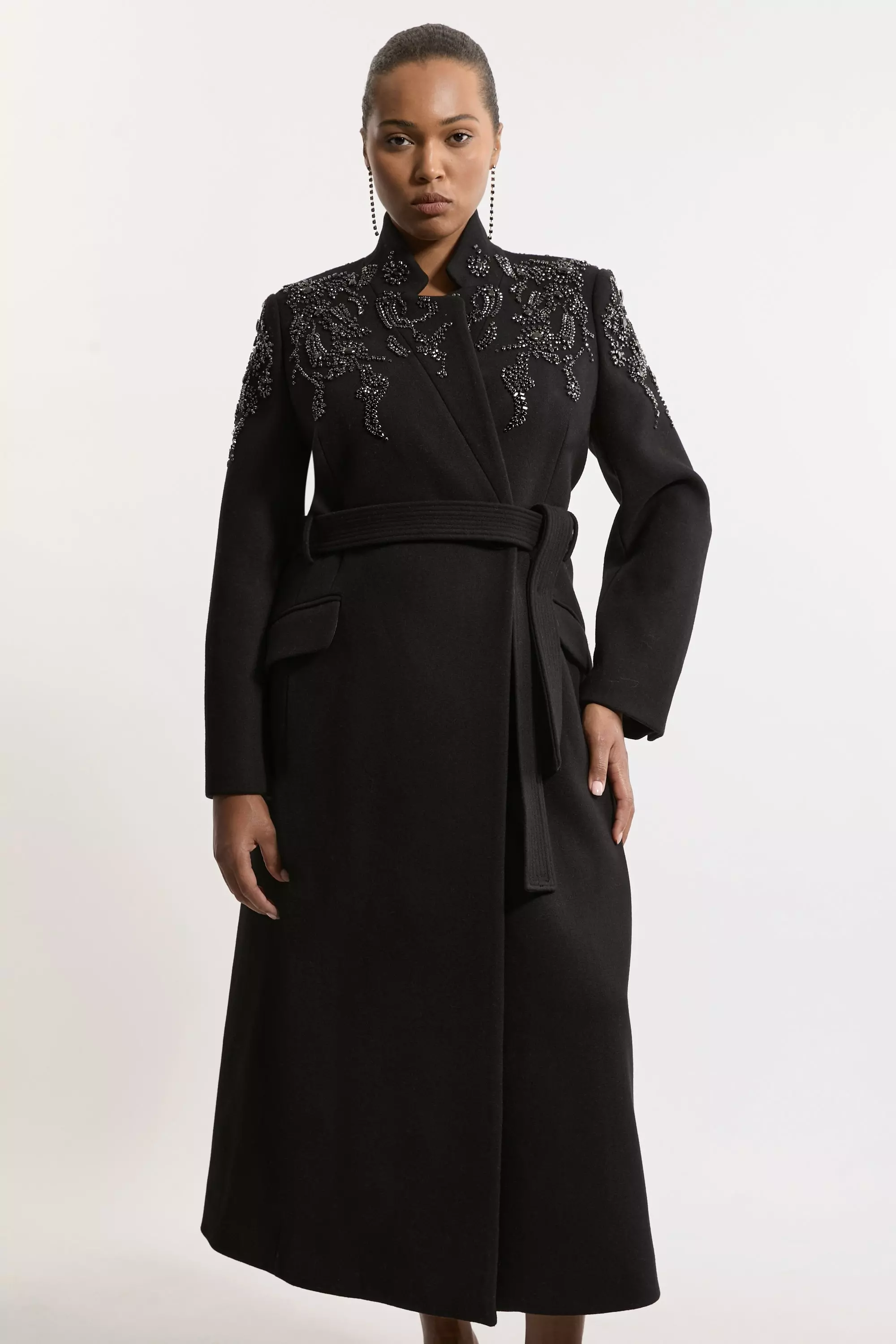 Plus Size Wool Blend Crystal Embellished Notch Neck Belted Midi Coat Karen Millen