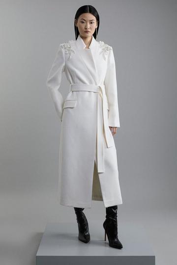 Petite Wool Blend Crystal Embellished Notch Neck Belted Coat ivory