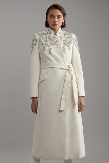 Wool Blend Crystal Embellished Notch Neck Belted Midaxi Coat ivory