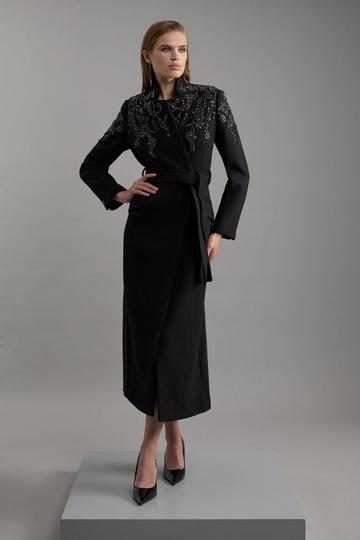 Wool Blend Crystal Embellished Notch Neck Belted Midaxi Coat black