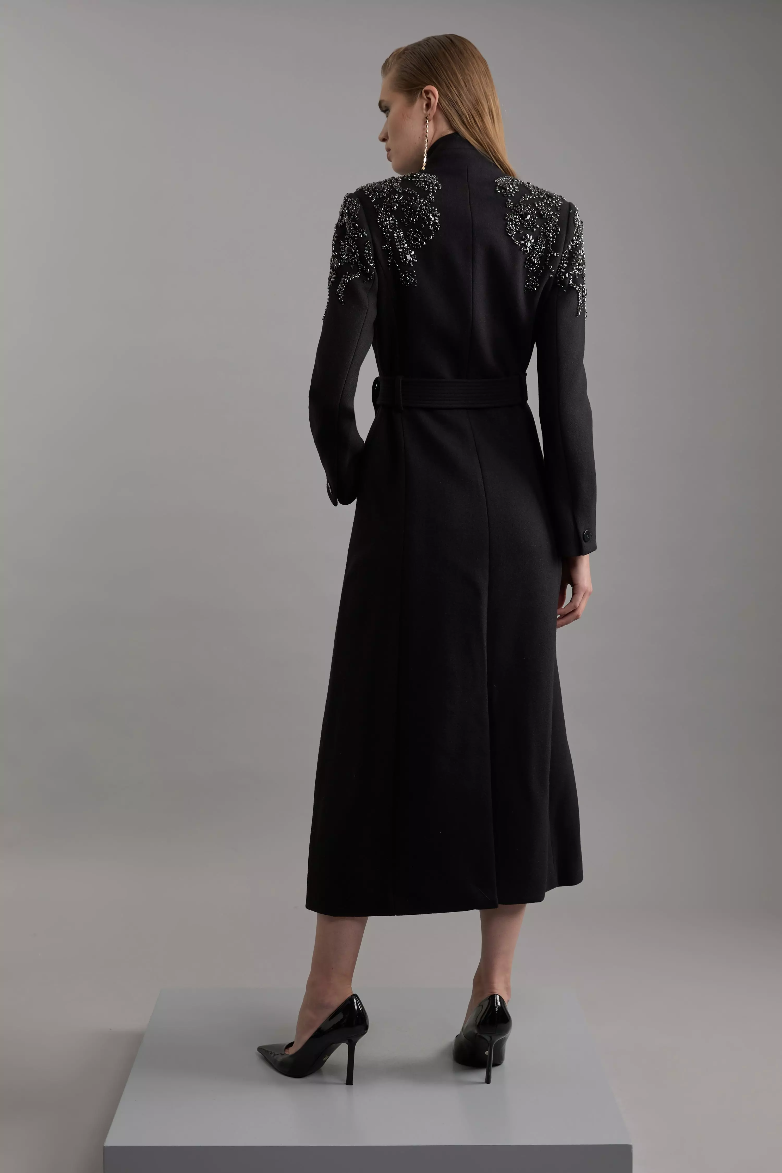Wool Blend Crystal Embellished Notch Neck Belted Maxi Coat