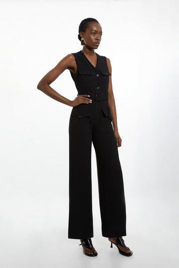 Black Compact Stretch Tailored Safari Belted Jumpsuit