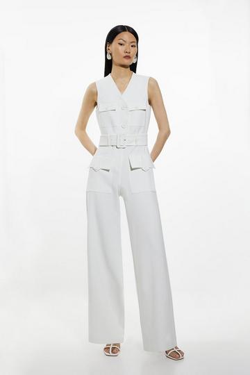 Compact Stretch Tailored Safari Belted Jumpsuit ivory