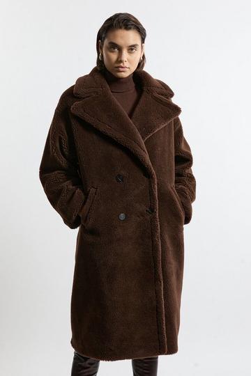 Faux Fur Teddy Longline Coat coffee