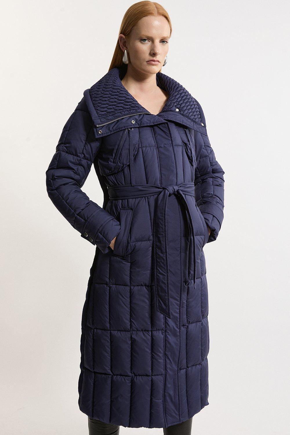 Navy belted puffer coat best sale