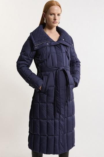 Navy Quilted Belted Puffer Coat