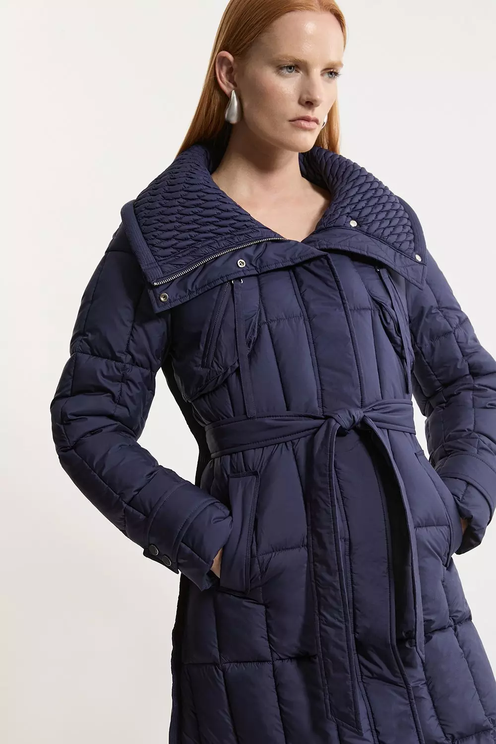 Navy belted puffer jacket clearance