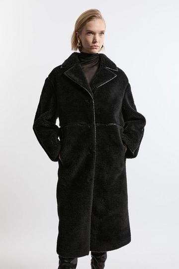 Faux Fur Pu Trim Longline Coat