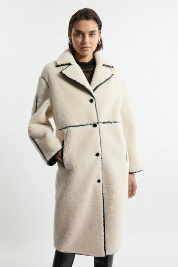 Faux Fur Pu Trim Longline Coat ivory