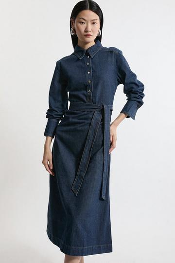 Denim Belted Maxi Shirt Dress indigo