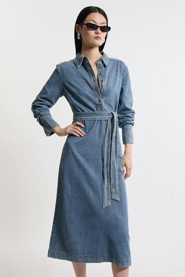 Denim Belted Maxi Shirt Dress mid blue