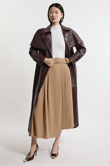 Petite Size Soft Tailored Crepe Belted Pleated Midi Skirt camel