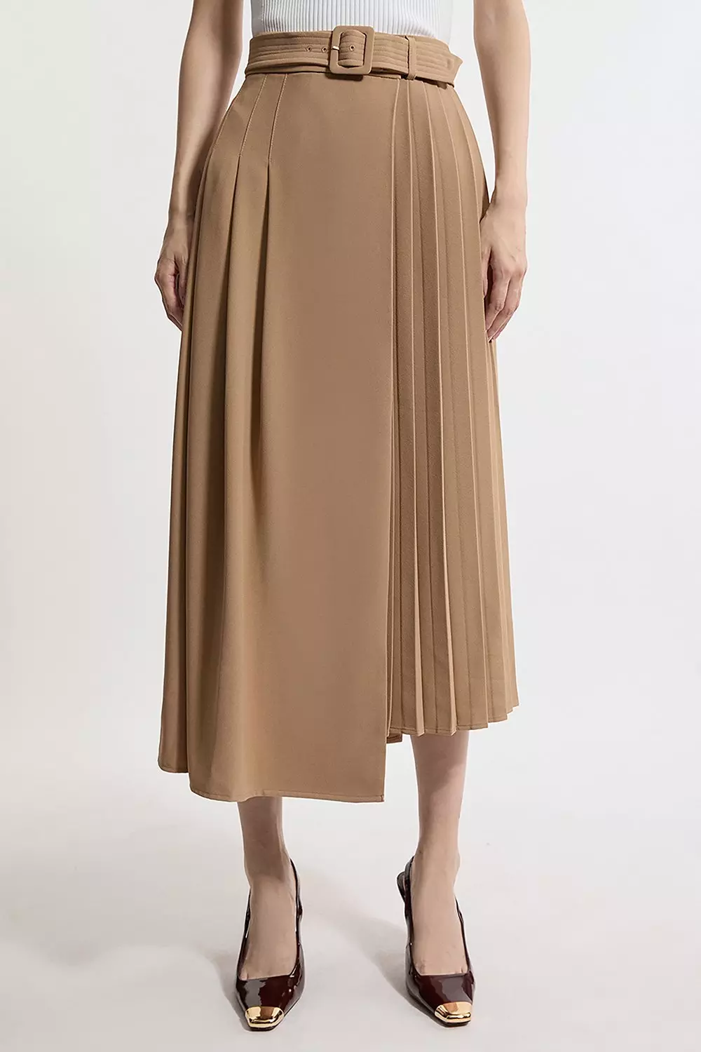 Petite Size Soft Tailored Crepe Belted Pleated Midi Skirt Karen Millen