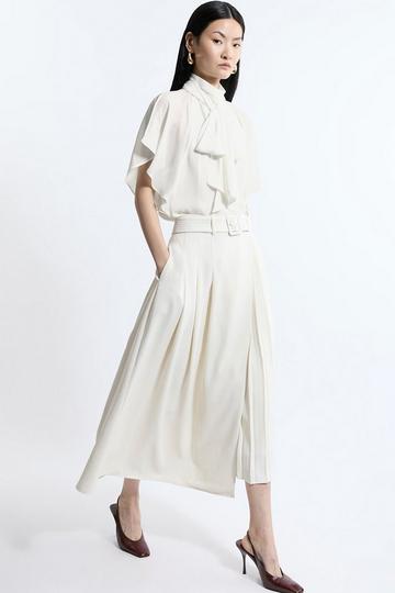 Soft Tailored Crepe Belted Pleated Midi Skirt cream