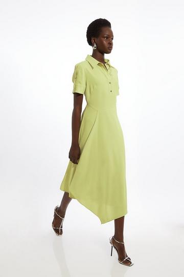 Soft Tailored Crepe Contrast Collar Button Detailed Midi Dress lime