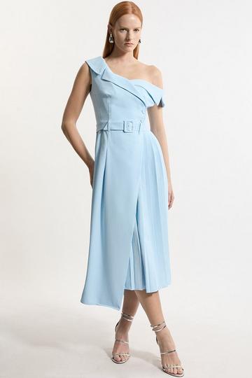 Soft Tailored Crepe One Shoulder Belted Pleated Midi Dress pale blue