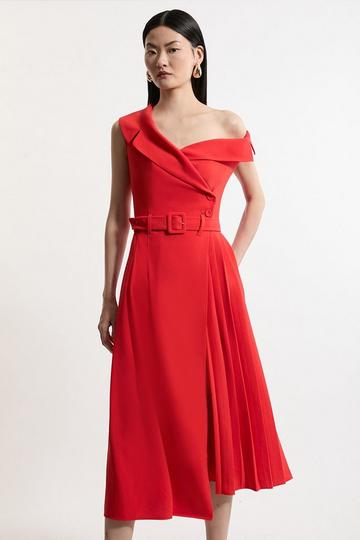 Red Soft Tailored Crepe One Shoulder Belted Pleated Midi Dress