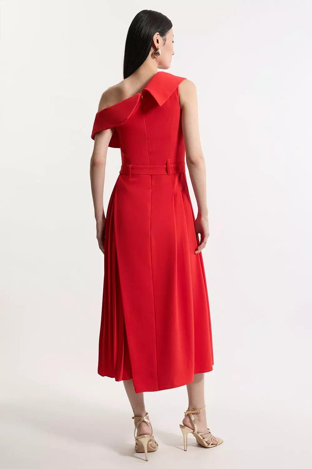 Soft Tailored Crepe One Shoulder Belted Pleated Midi Dress Karen Millen