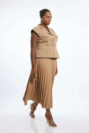 Plus Size Soft Tailored Crepe Belted Pleated Midi Dress camel