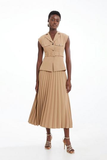 Soft Tailored Crepe Belted Pleated Midi Dress camel