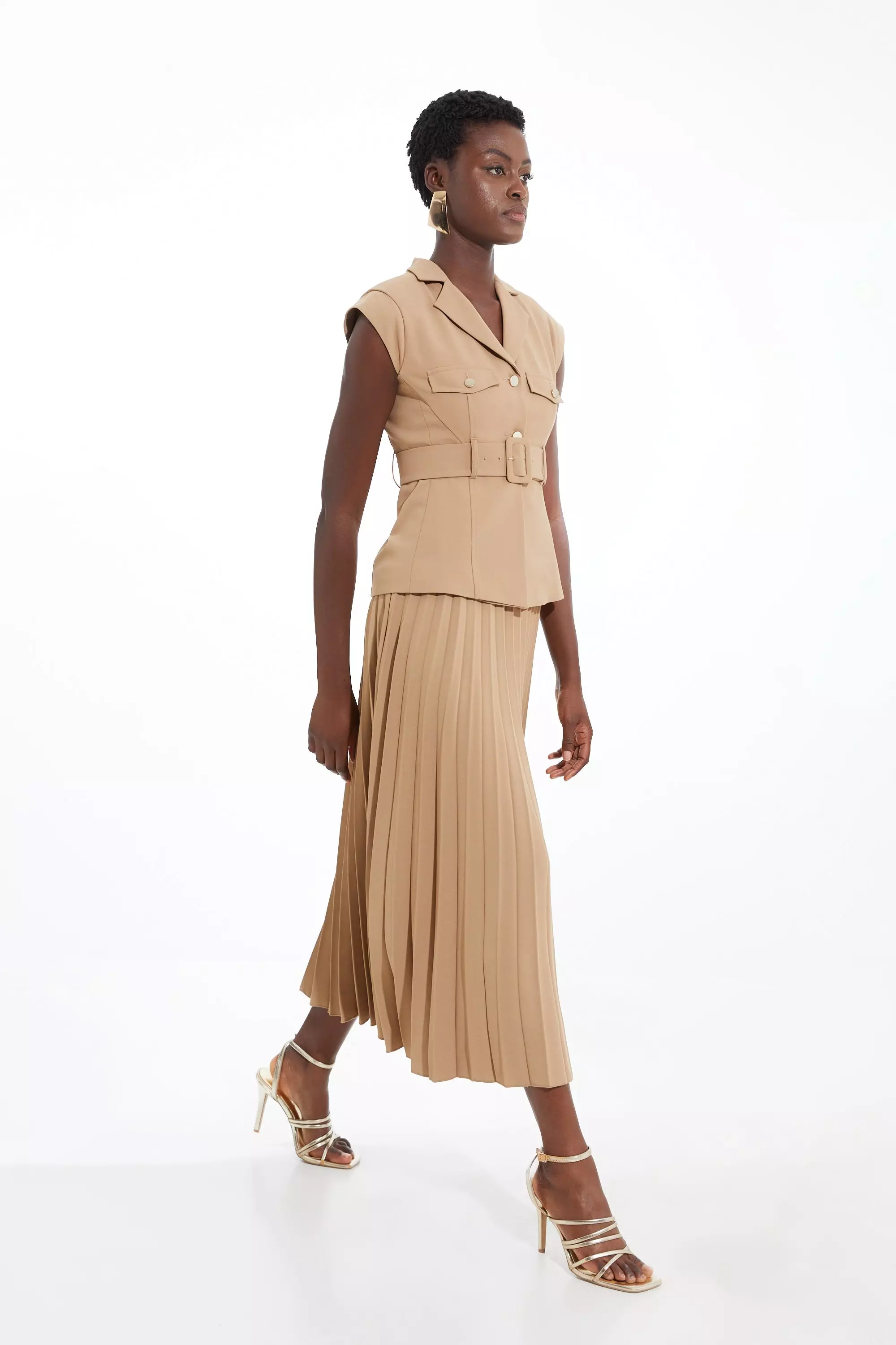 新しい到着 Soft Tailored Crepe Belted Pleated Midi Dress | Karen Millen ワンピース