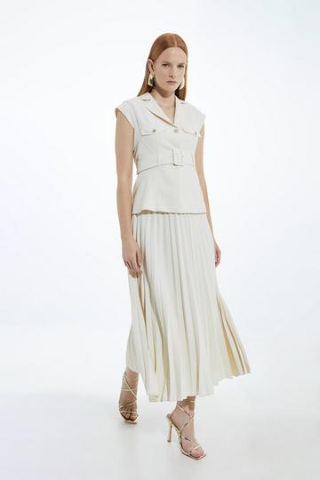 Soft Tailored Crepe Belted Pleated Midi Dress ivory