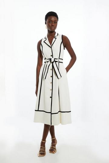 Fluid Tailored Sleeveless Belted Contrast Tipped Midaxi Shirt Dress ivory