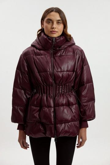 Burgundy Red Quilted Drawstring Waist Hooded Rib Cuff Puffer Jacket