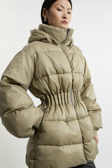 Khaki Quilted Drawstring Waist Hooded Rib Cuff Puffer Jacket