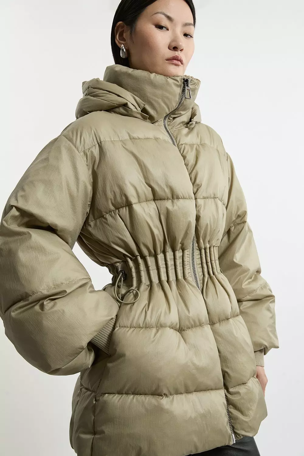 Cinched waist puffer coat on sale