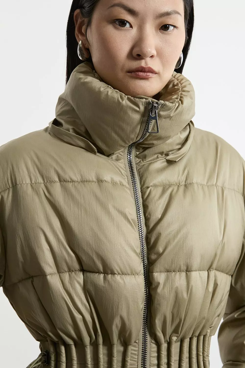 Quilted Drawstring Waist Hooded Rib Cuff Puffer Jacket