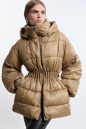 Quilted Drawstring Waist Hooded Rib Cuff Puffer Jacket tan