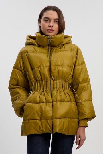 Yellow Quilted Drawstring Waist Hooded Rib Cuff Puffer Jacket