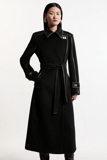 Wool Blend Faux Leather Trim Belted Tailored Midi Coat black