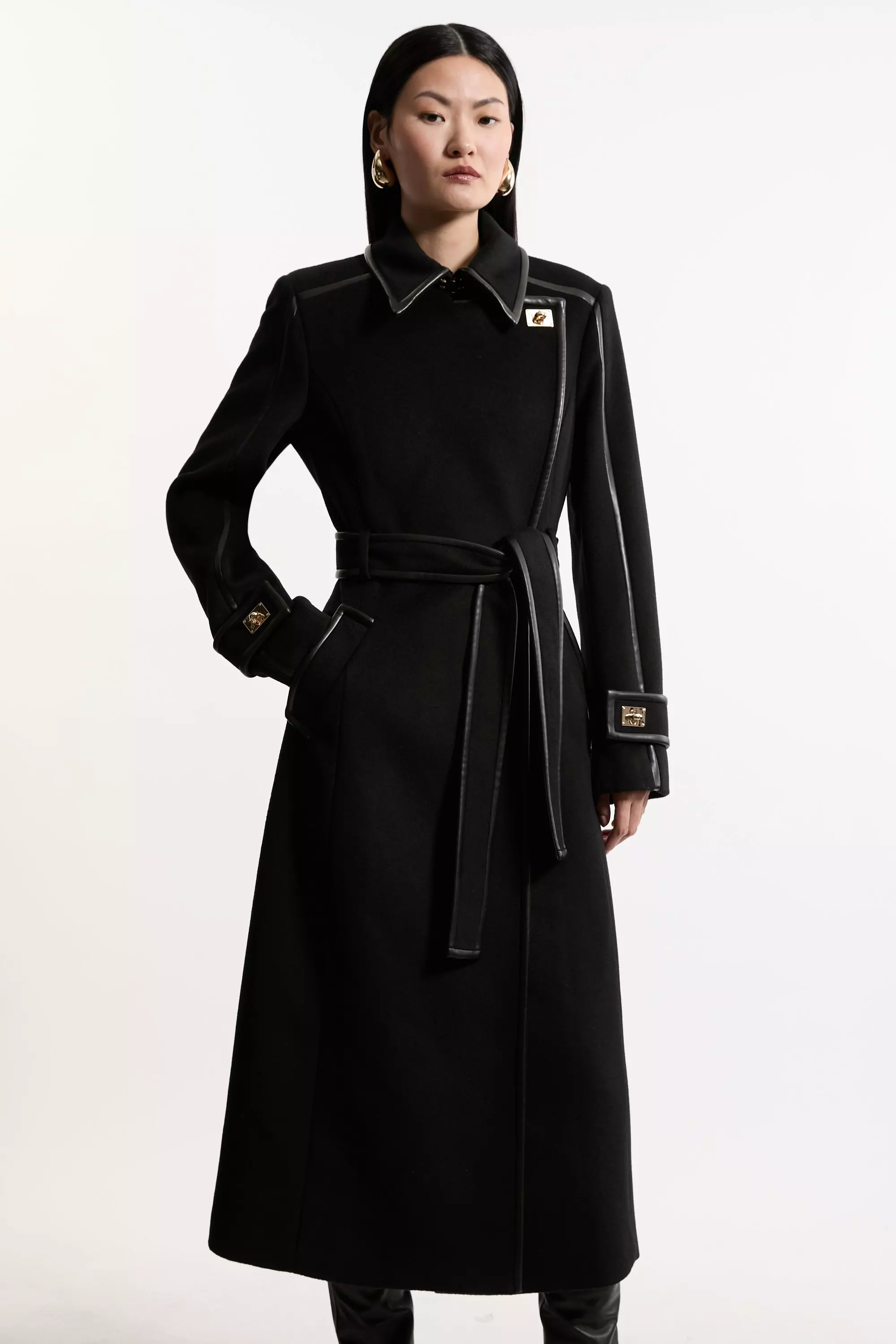 Wool Blend Pu Trim Belted Tailored Double Breasted Midi Coat Karen Millen