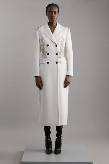 Wool Blend Crystal Embellished Double Breasted Tailored Maxi Coat ivory