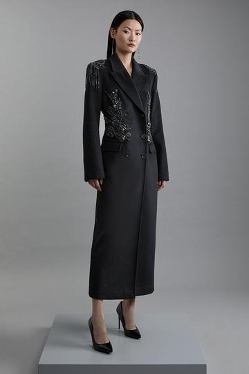 Petite Wool Blend Crystal Embellished Double Breasted Tailored Maxi Coat black