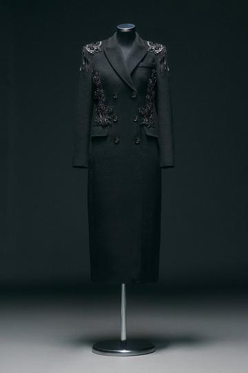 Wool Blend Crystal Embellished Double Breasted Tailored Maxi Coat black