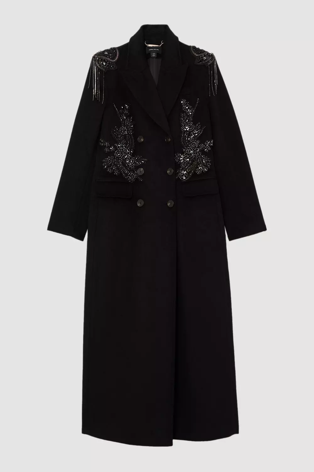 Wool Blend Crystal Embellished Double Breasted Tailored Maxi
